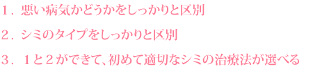 1. 悪い病気かどうかをしっかりと区別 2. シミのタイプをしっかりと区別 3. 1と2ができて、初めて適切なシミの治療法が選べる